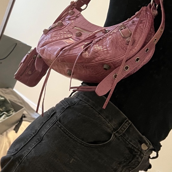 WOMEN'S LE CAGOLE METALLIC PINK SHOULDER BAG CROCODILE EMBOSSED WITH RHINESTONES - Picture 12 of 15